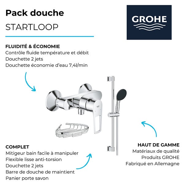 GROHE - Pack mitigeur douche mécanique StartLoop + Ensemble de douche 2 jets avec barre + Panier porte-savon - large