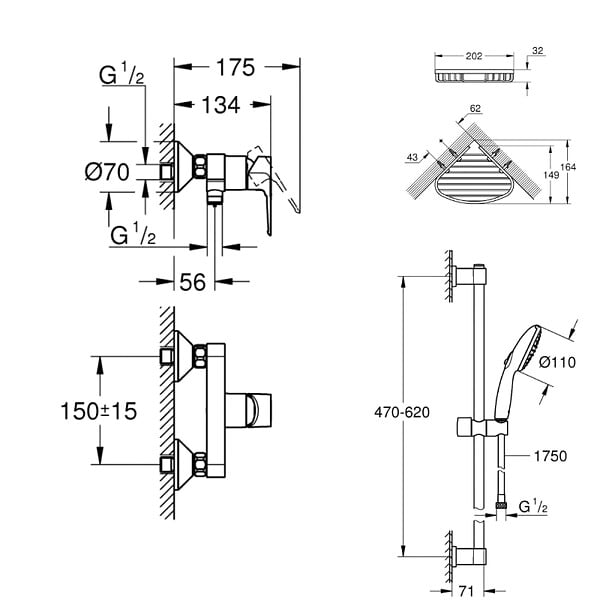 GROHE - Pack mitigeur douche mécanique StartLoop + Ensemble de douche 2 jets avec barre + Panier porte-savon - large