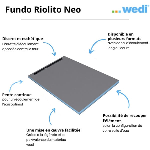 WEDI - Receveur à carreler Fundo Riolito Neo + barrette de finition + bonde horizontal + kit d'étanchéité 160 x 100 cm - large