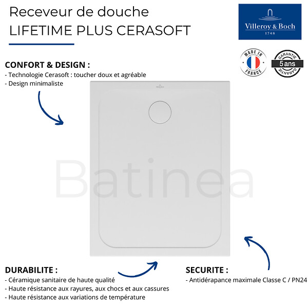 VILLEROY ET BOCH - Receveur de douche antidérapant 100 x 80  Lifetime Plus Cerasoft céramique blanc + Bonde blanc - large