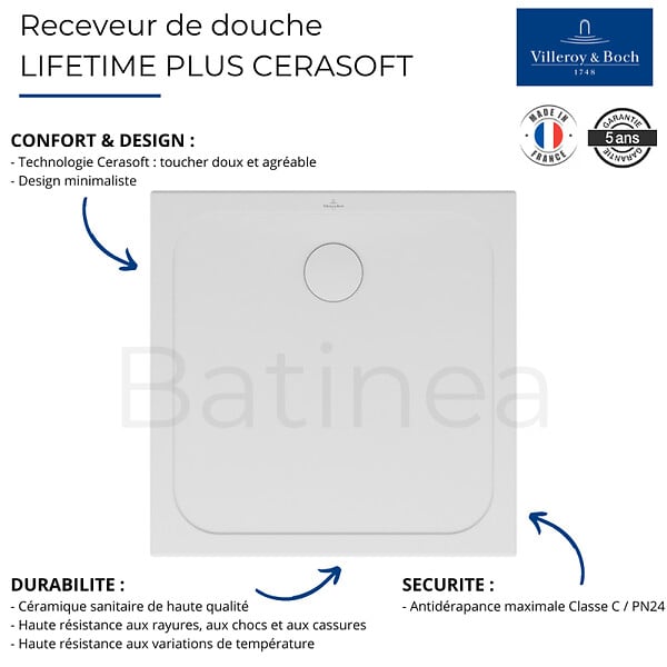 VILLEROY ET BOCH - Receveur de douche antidérapant 80 x 80  Lifetime Plus Cerasoft céramique blanc + Bonde blanc - large