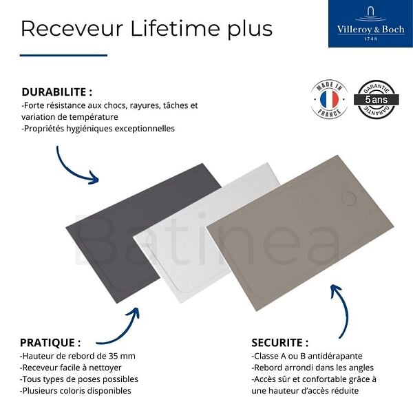 VILLEROY ET BOCH - Receveur de douche antidérapant 80 x 80  Lifetime Plus céramique blanc + Bonde blanc - large