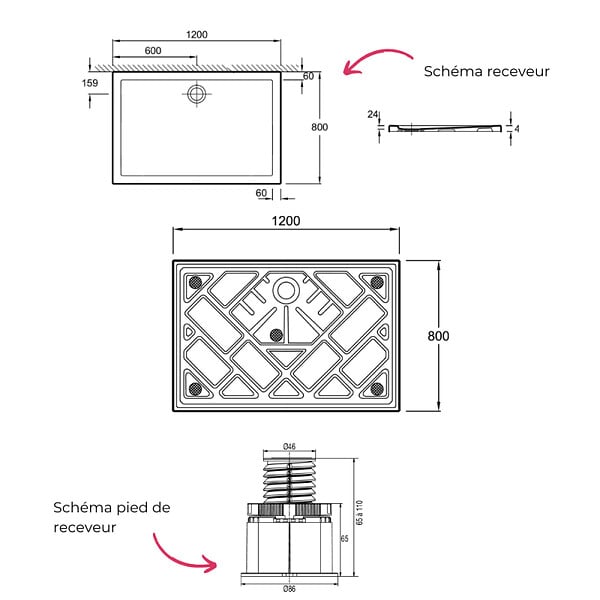 JACOB DELAFON - Receveur de douche 120 x 80 Gaspard extra-plat céramique + Kit de réhausse (5 pieds) - large