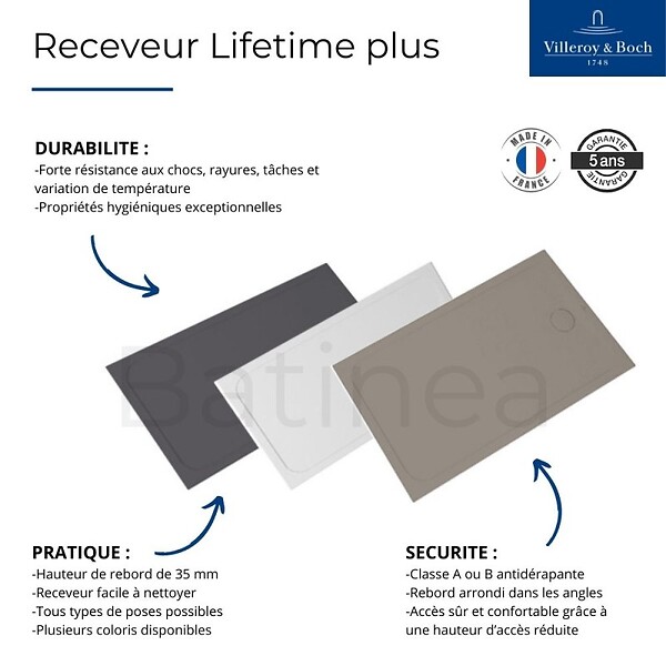 VILLEROY ET BOCH - Receveur de douche antidérapant 100 x 100  Lifetime Plus céramique blanc + Bonde chromé brossé - large