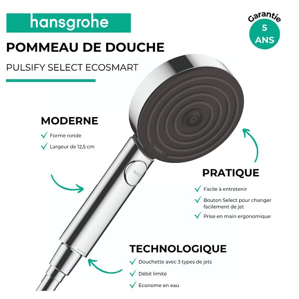 HANSGROHE - Pommeau de douche Pulsify Select EcoSmart 105 3 jets relaxation + Flexible 125 cm Designflex Bronze brossé - large