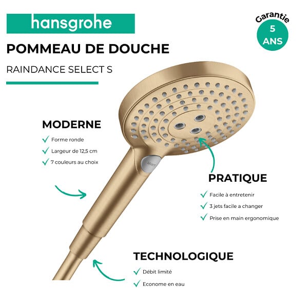 HANSGROHE - Pommeau de douche Raindance Select S EcoSmart 120 3 jets + flexible Designflex 125 cm bronze brossé - large