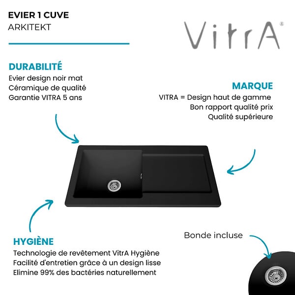 VITRA - Evier 1 cuve avec égouttoir et vidage manuel VitrA Arkitekt noir mat - large
