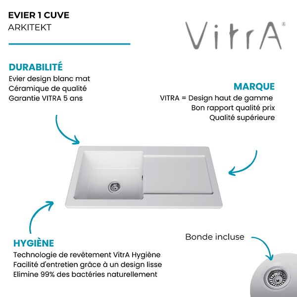 VITRA - Evier 1 cuve avec égouttoir et vidage manuel VitrA Arkitekt blanc - large