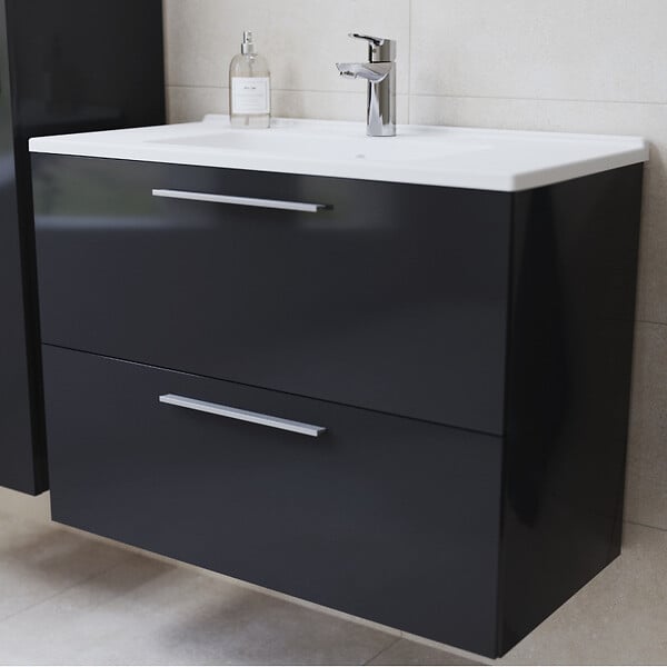 VITRA - Vitra  Mia ensemble avec meuble préassemblé 79x61x39,5 cm + miroir + lavabo + éclairage LED, anthracite brillant (MIASET80A) - large