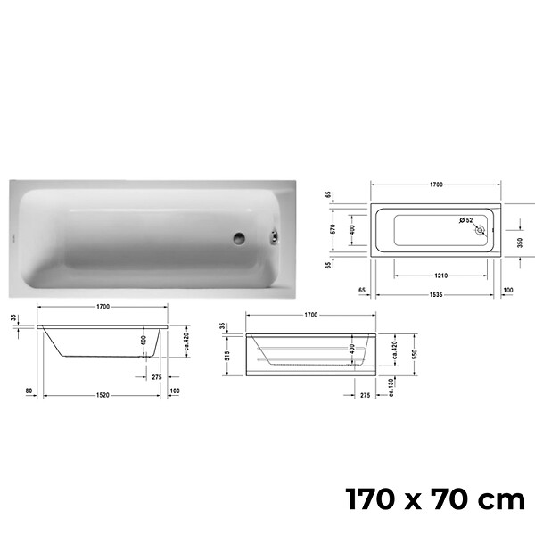 DURAVIT - Baignoire droite 170 X 70 D-Code + Pare bain AURYS Raywall noir mat gauche - large