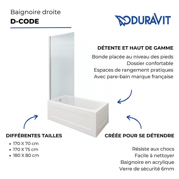 DURAVIT - Baignoire droite 160 X 70 D-Code + Pare bain AURYS Raywall noir mat droite - large