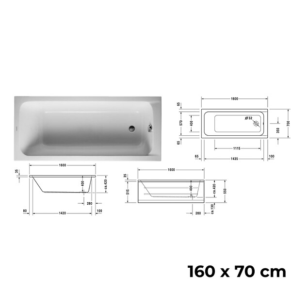 DURAVIT - Baignoire droite 160 X 70 D-Code + Pare bain AURYS Raywall noir mat gauche - large