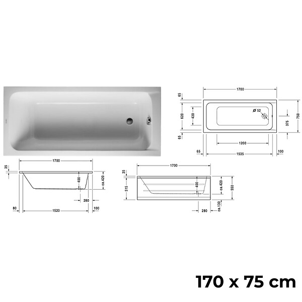 DURAVIT - Baignoire droite D-Code 170 x75 cm + Pare bain droit AURYS Raywall chromé version droite - large