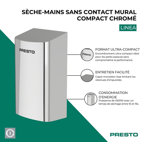 PRESTO - Sèche-mains sans contact mural compact Linea chromé - large