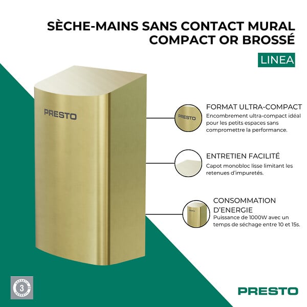PRESTO - Sèche-mains sans contact mural compact Linea or brossé - large