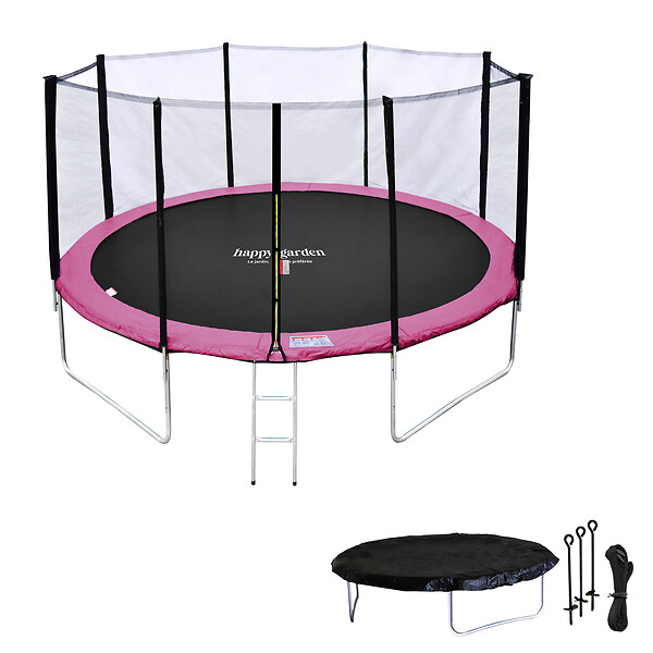 HAPPY GARDEN - Pack Premium Trampoline 370cm réversible gris / rose PERTH + filet, échelle, bâche et kit d'ancrage - large