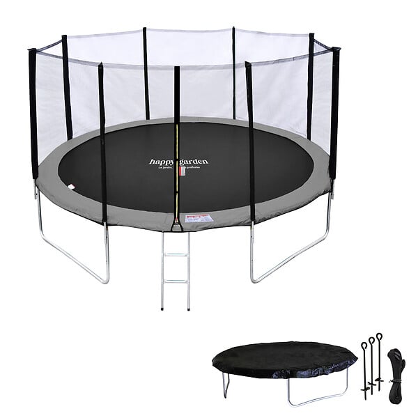 HAPPY GARDEN - Pack Premium Trampoline 370cm réversible rose / gris PERTH + filet, échelle, bâche et kit d'ancrage - large