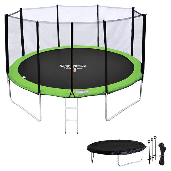 HAPPY GARDEN - Pack Premium Trampoline 430cm réversible bleu / vert MELBOURNE + filet, échelle, bâche et kit d'ancrage - large