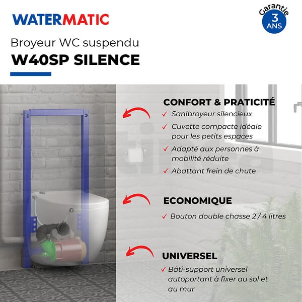 WATERMATIC - WC broyeur suspendu W40SP Silence avec abattant - large