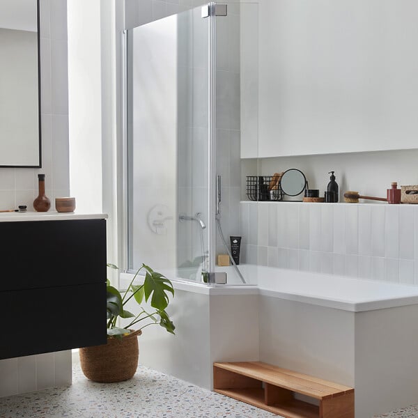 JACOB DELAFON - Baignoire bain douche Neo 150 x 80 gauche + pare bain + tablier + étagère - large