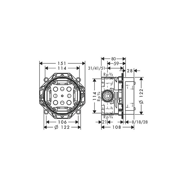 HANSGROHE - Facade thermostatique encastré Ecostat Square avec robinet d'arrêt et inverseur bronze brossé + corps encastré - large