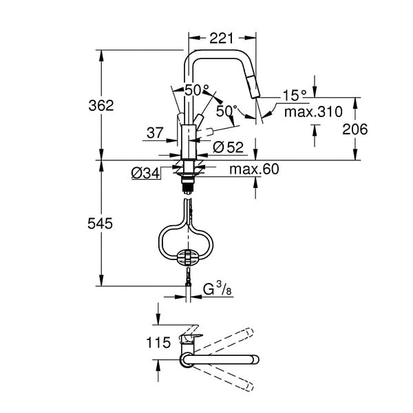 GROHE - START DN15 Mitigeur monocommande d'évier  avec douchette extractible ,Bec mobile, 2 Jets, Chrome (30631000) - large
