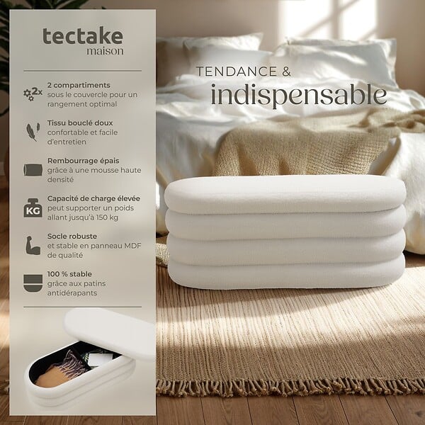 TECTAKE - Banc rembourré ALTU avec espace de rangement Bouclé crème/ blanc - large
