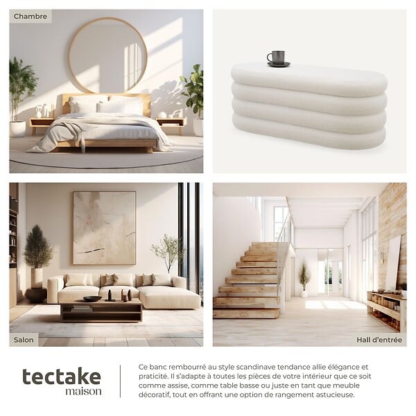 TECTAKE - Banc rembourré ALTU avec espace de rangement Bouclé crème/ blanc - large