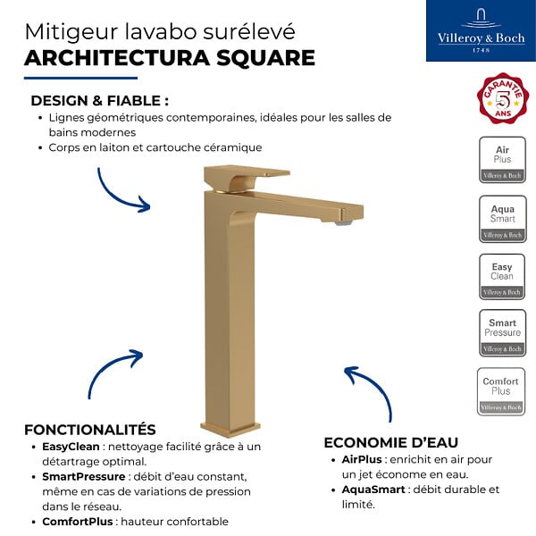 VILLEROY ET BOCH - Mitigeur lavabo surélevé  Architectura Square avec vidage Push Open Or brossé - large