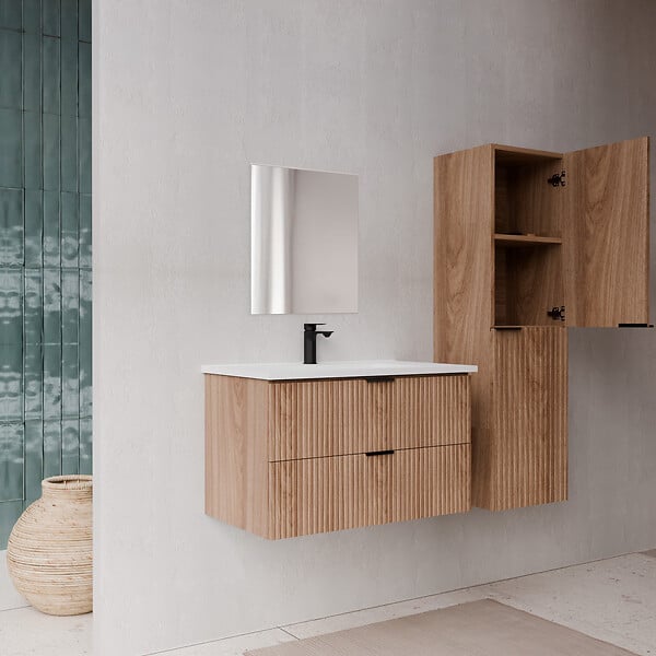 AURLANE - Pack Meuble salle de bain 80cm et Colonne de rangement - Façades Ondulées Décor Bois - MILO - large