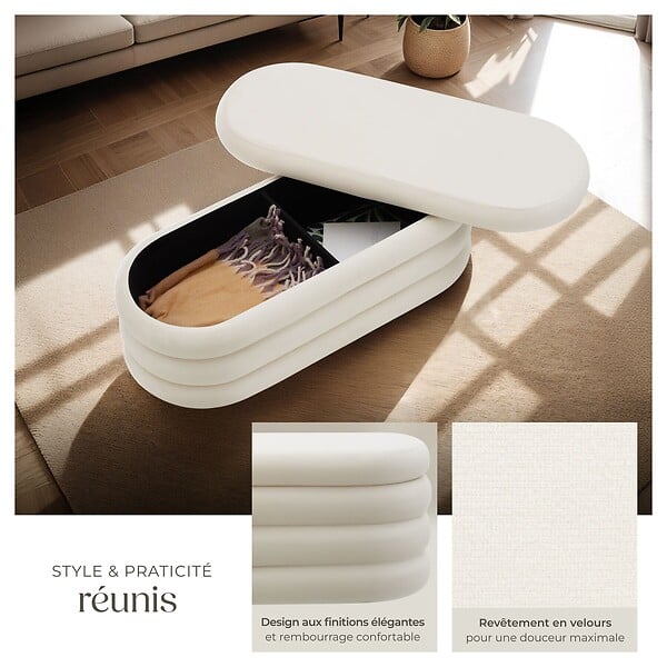 TECTAKE - Banc rembourré ALTU avec espace de rangement Aspect velours crème/ blanc - large