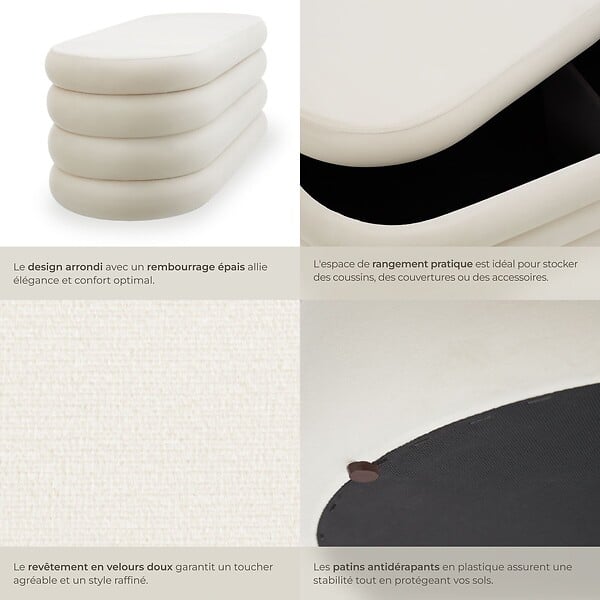TECTAKE - Banc rembourré ALTU avec espace de rangement Aspect velours crème/ blanc - large