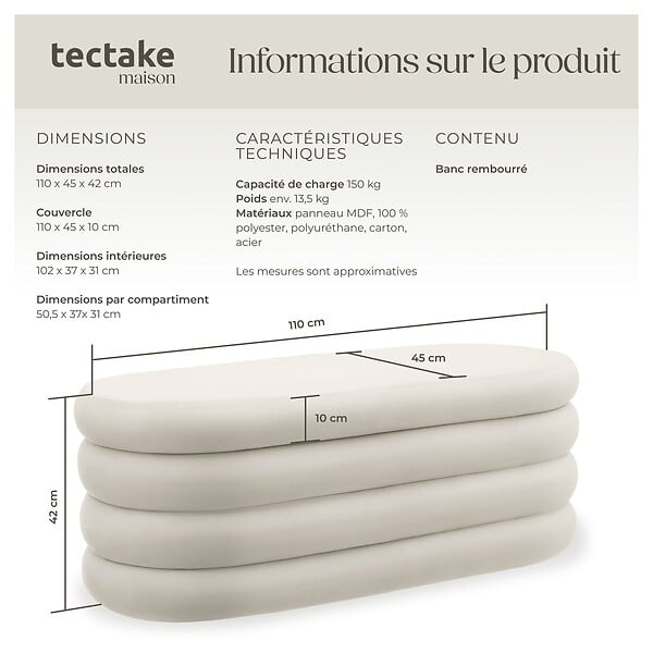 TECTAKE - Banc rembourré ALTU avec espace de rangement Aspect velours crème/ blanc - large