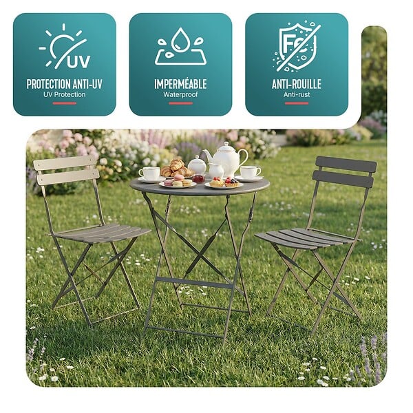 VOUNOT - Set de Bistro en metal 1 table 2 chaises Gris - large