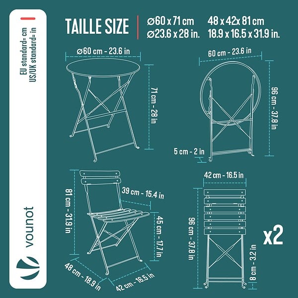 VOUNOT - Set de Bistro en metal 1 table 2 chaises Crème - large