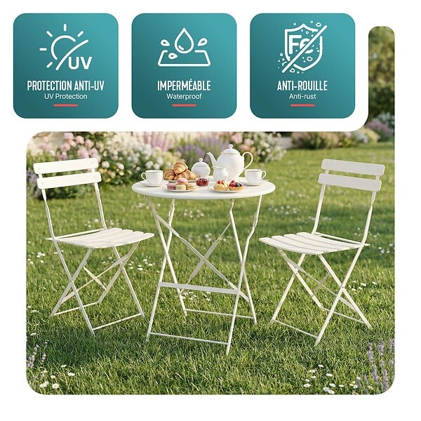VOUNOT - Set de Bistro en metal 1 table 2 chaises Crème - large