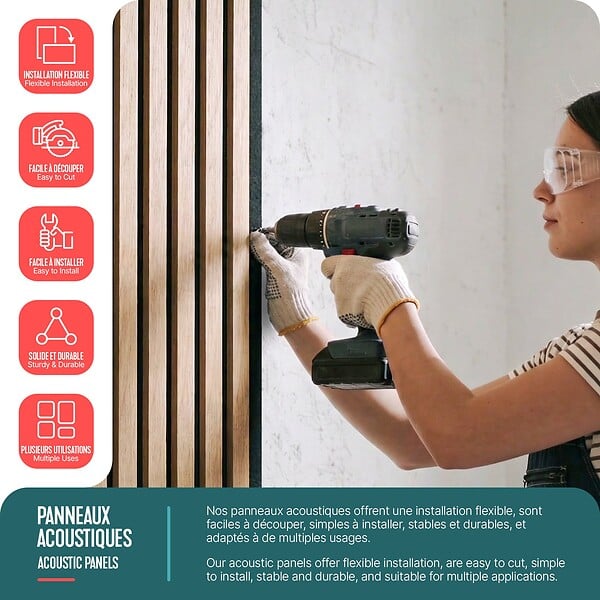 VOUNOT - Lot de 4 panneaux acoustiques muraux Tasseaux en bois MDF avec feutre noir 120x60x2.1cm chene clair - large