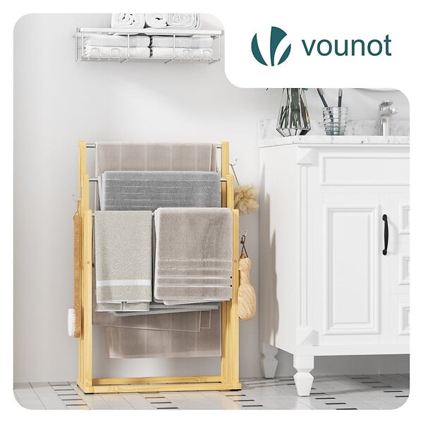 VOUNOT - Porte serviettes sur pied en bambou 3 niveaux - large