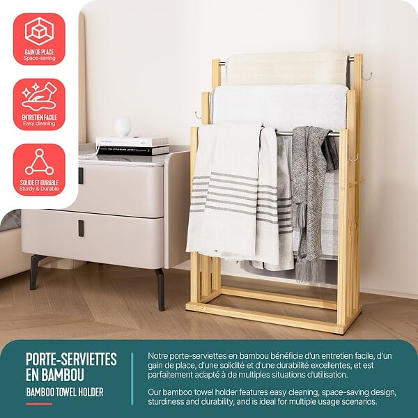 VOUNOT - Porte serviettes sur pied en bambou 3 niveaux - large
