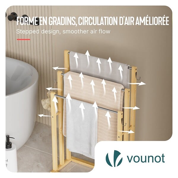 VOUNOT - Porte serviettes sur pied en bambou 3 niveaux - large