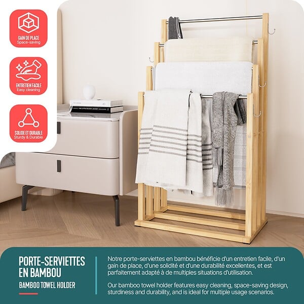 VOUNOT - Porte serviettes sur pied en bambou 4 niveaux - large