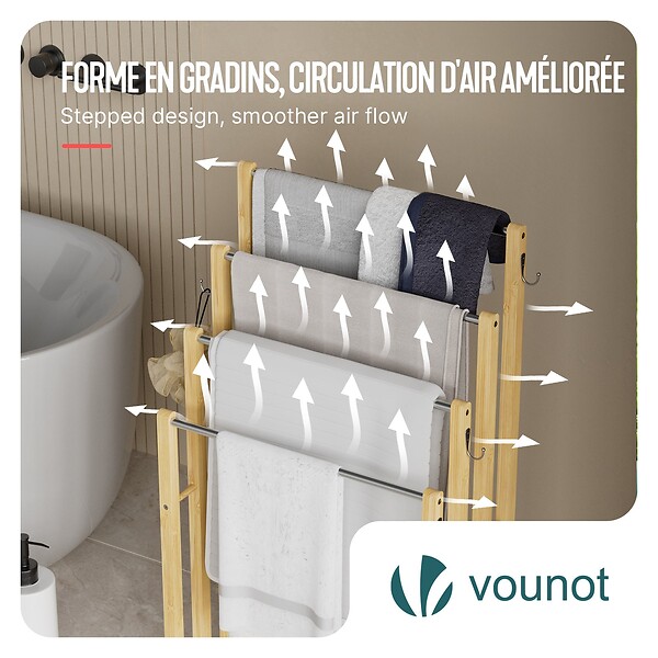 VOUNOT - Porte serviettes sur pied en bambou 4 niveaux - large