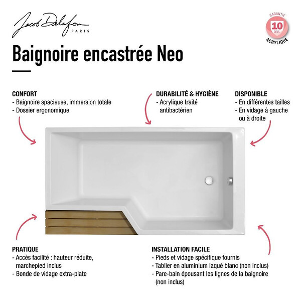 JACOB DELAFON - Baignoire bain douche  Neo 170 x 90 gauche + pare bain + tablier + étagère - large