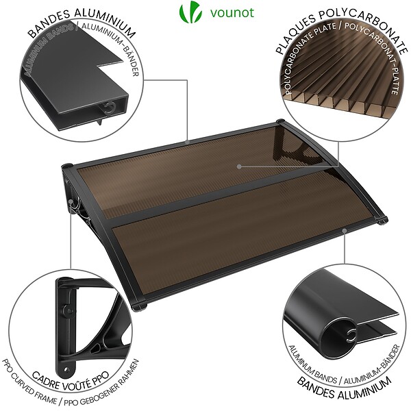 VOUNOT - Auvent de porte marquise 120x80 cm en Polycarbonate anti UV Marron - large
