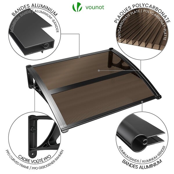 VOUNOT - Auvent de porte marquise 100x80 cm en Polycarbonate anti UV Marron - large