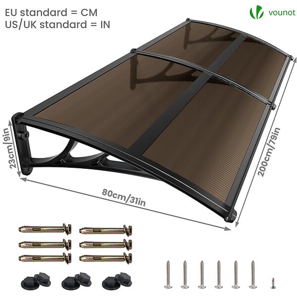 VOUNOT - Auvent de porte marquise 200x80 cm en Polycarbonate anti UV Marron - large