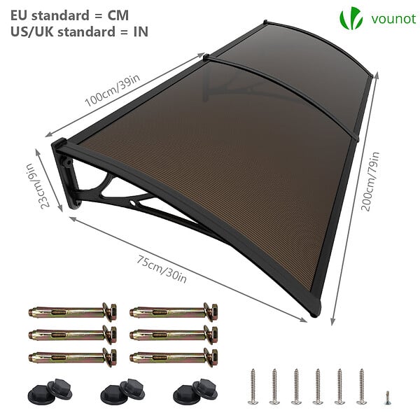 VOUNOT - Auvent de porte marquise 200x80 cm en Polycarbonate anti UV Marron - large