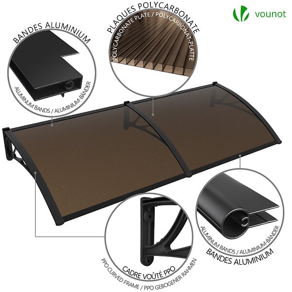 VOUNOT - Auvent de porte marquise 200x80 cm en Polycarbonate anti UV Marron - large