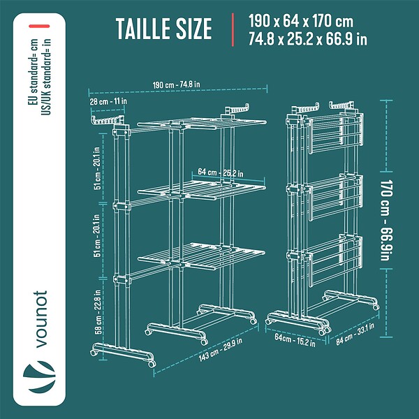VOUNOT - Sechoir a linge etendoir extensible 4 Niveaux 190x64x170cm gris - large