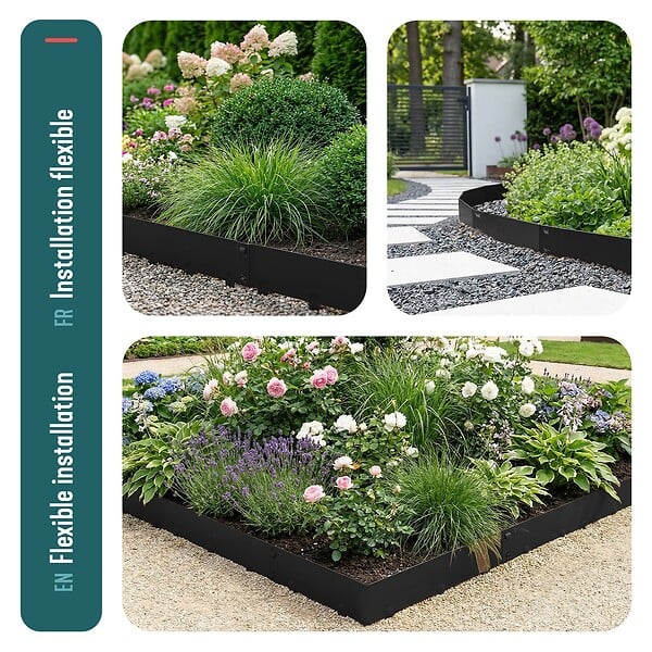 VOUNOT - Lot de 5 Bordures de jardin acier galvanise avec pointes ancrages 106x18cm noir - large